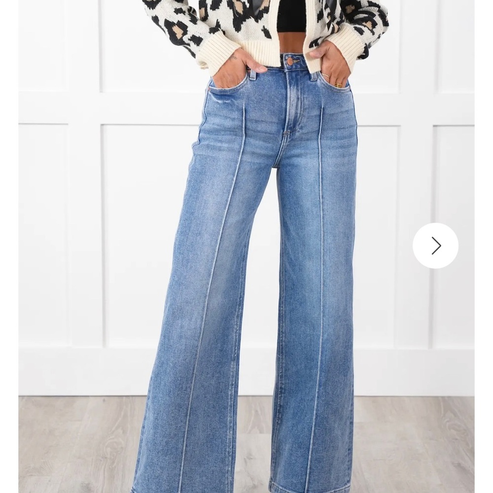 Risen High Rise Medium Wash Pintuck Detailed Wide Leg Jeans